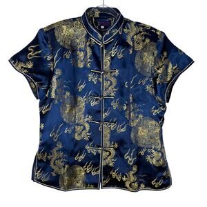 MATSUZAKI Vintage Oriental Unisex Top XXL Blue & Gold Dragon Embroidered Detail